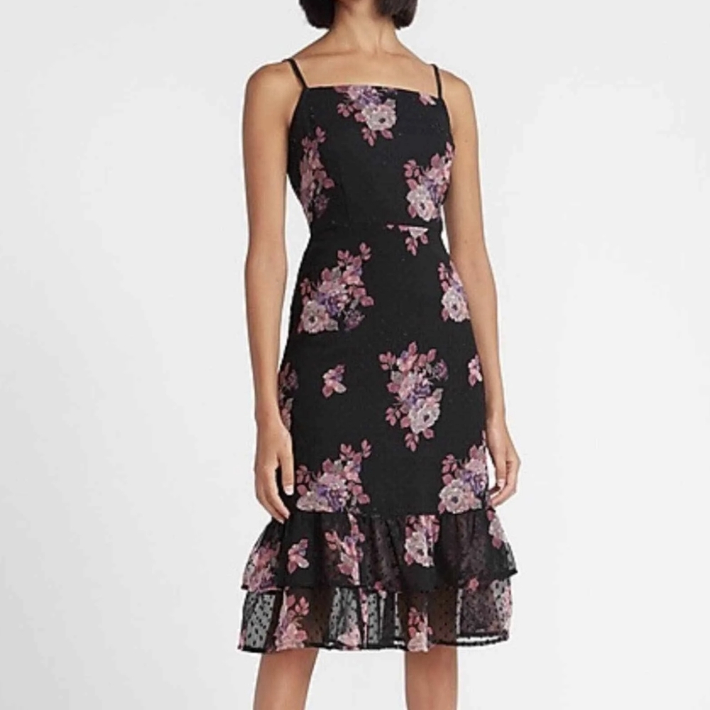 Express Swiss Dot Floral Dress Cotton & Polyester Black Size Large